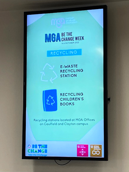 Image of an internal electronic noticeboard that is displaying "Recycling Week" and "Recycling Children's Books" notices. It features two SDG icons on the lower right and the Monash MGA logo at the top.