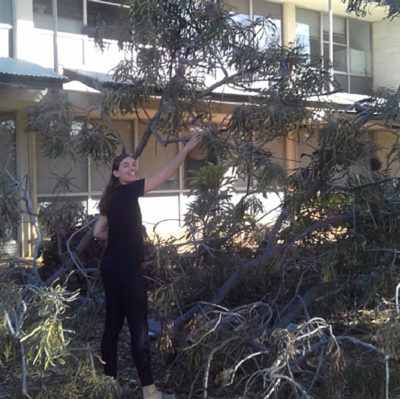 Maddy is wearing a black t-shirt and pants and is smiling pruning trees outside.